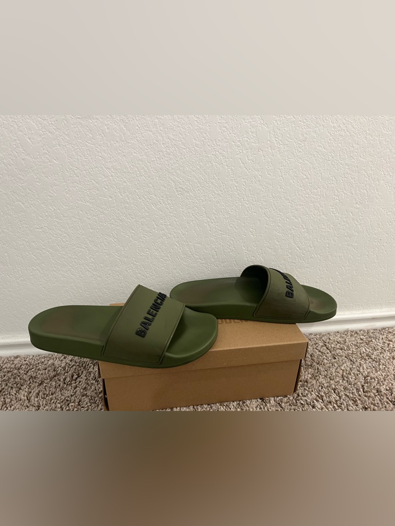Balenciaga Olive Green Rubber Logo Slides With Black Lettering